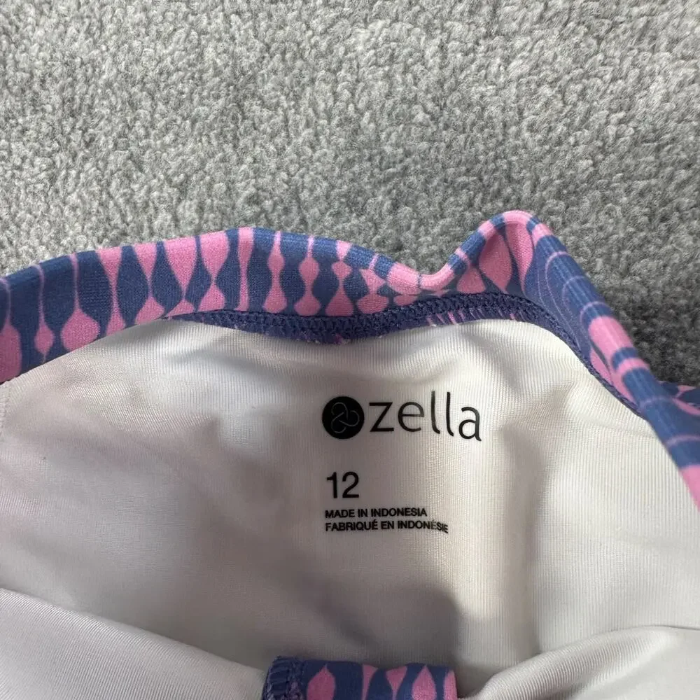 Zella Girls Size 12 Long Sleeve One Piece Swimsuit Zip Up Pink/Blue High Neck